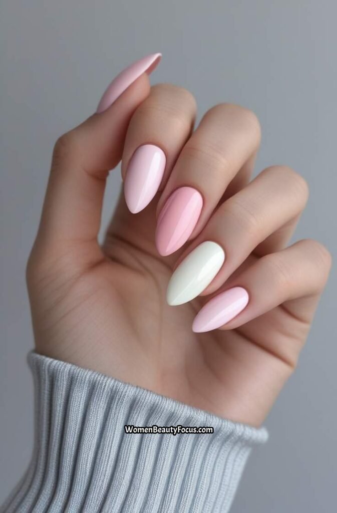 22. Pink Nails with Milky White Accents