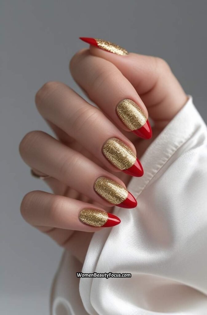 22. Red French Tips with Glitter Edges