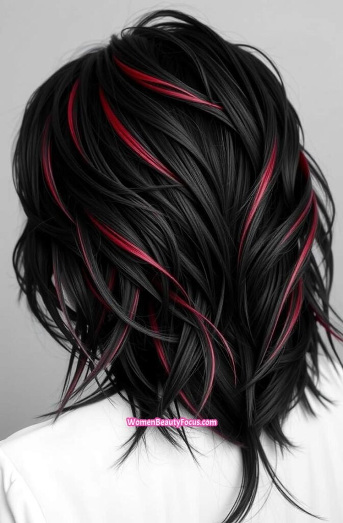 22. Shaggy Black Hair with Red Streaks Back View