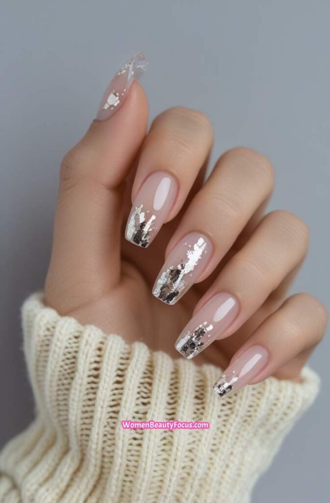 22. Sheer Neutral Nails with Silver Foil