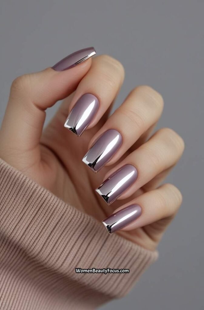 22. Soft Mauve Square Nails with Chrome Finish