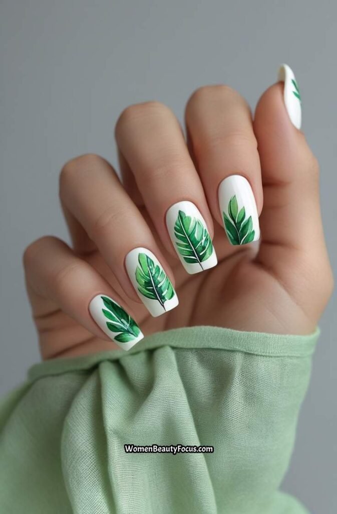 22. Tropical Green Leaf Nails