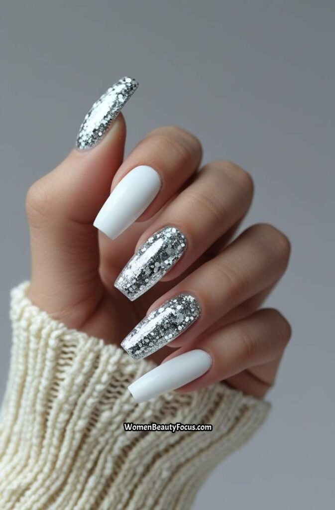 22. White Nails with Chunky Glitter Tips