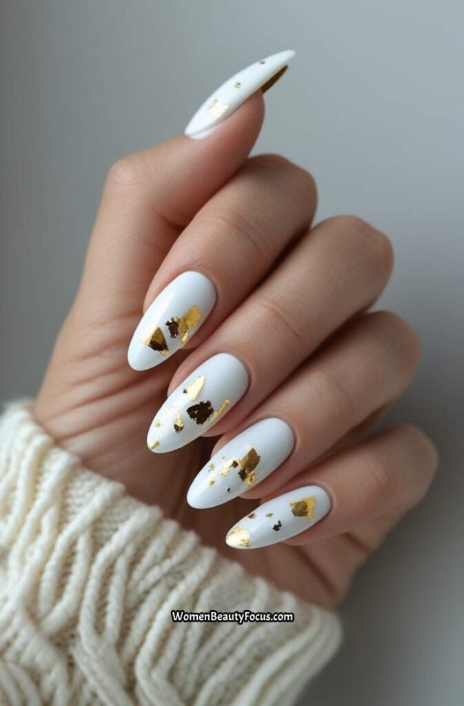 22. White Nails with Gold Foil