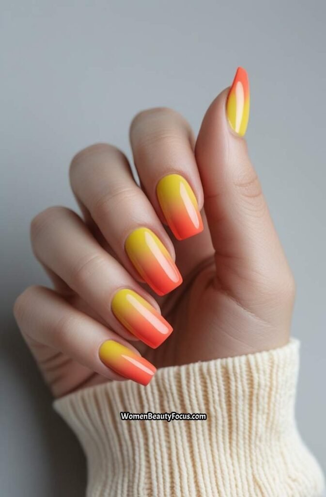 22. Yellow and Coral Gradient Nails