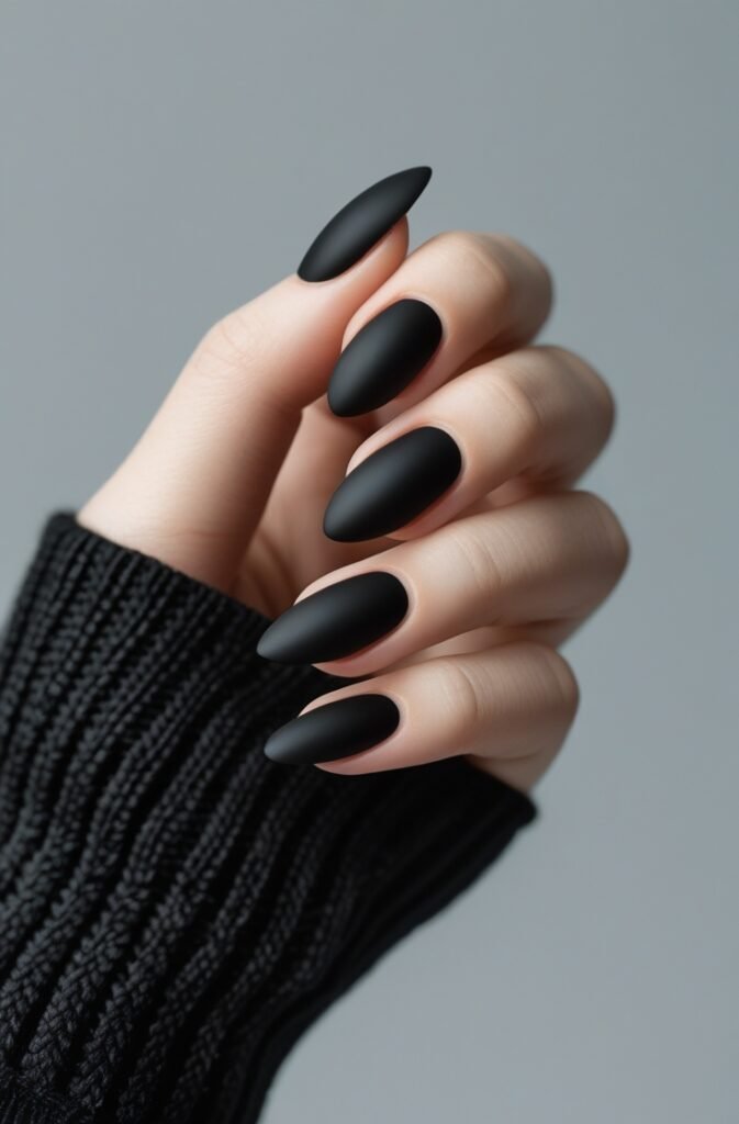 23. Almond Nails with Matte Black Design