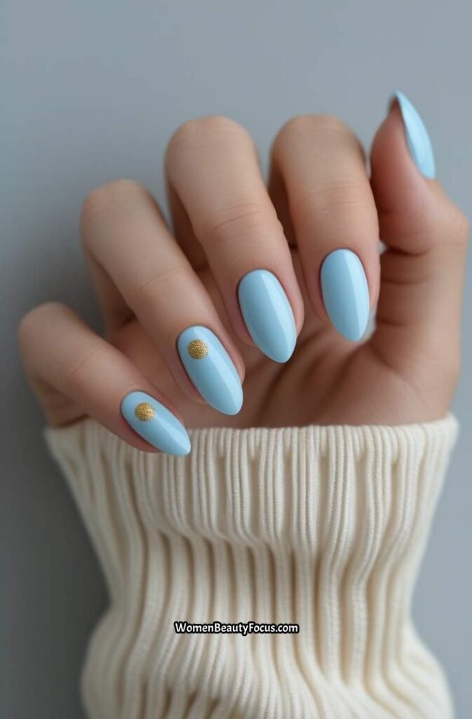 23. Baby Blue Nails with Minimal Gold Dots