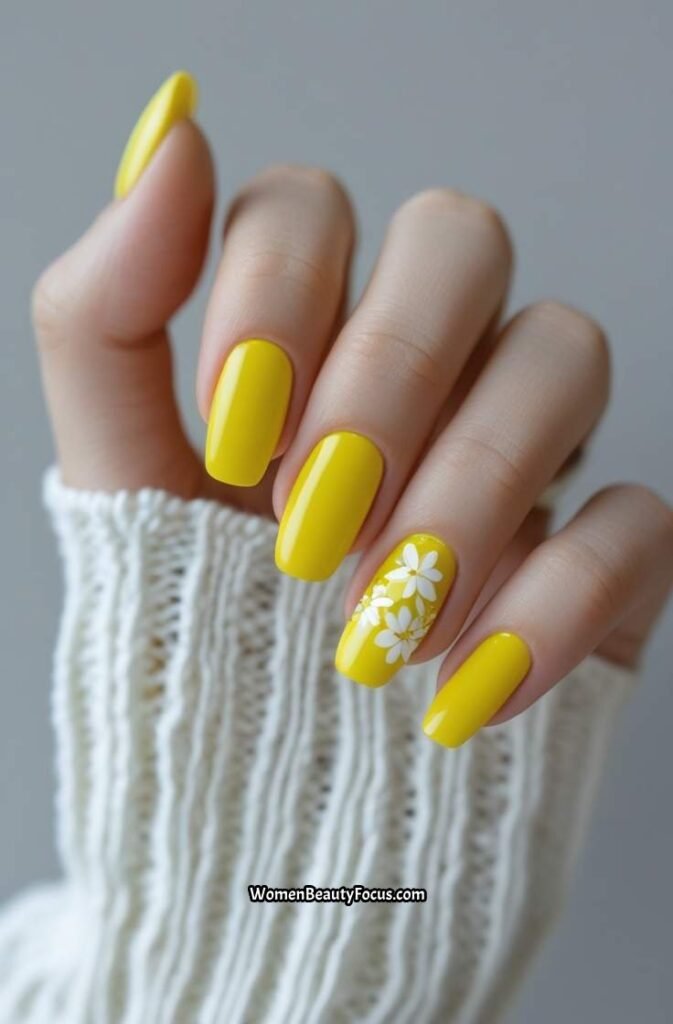 23. Bright Yellow Nails with White Floral Designs