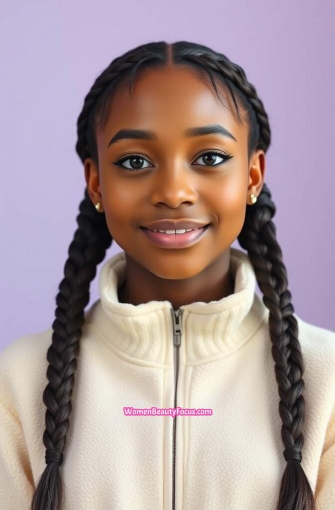 23. Double Side Braids into Low Buns Front View