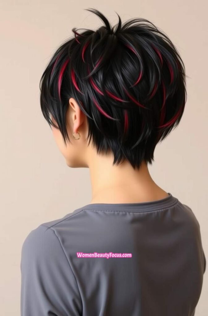 23. Edgy Black Hair with Red Highlights Back View