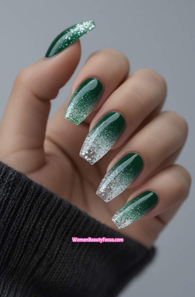 23. Hunter Green Glitter Fade Nails