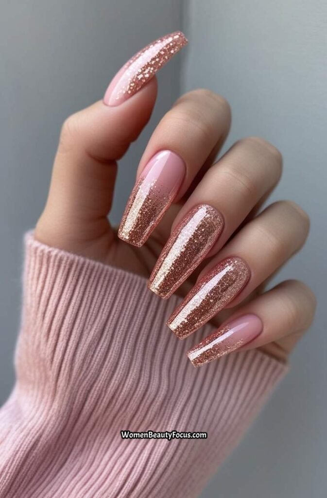 23. Rose Gold Glitter Fade Nails