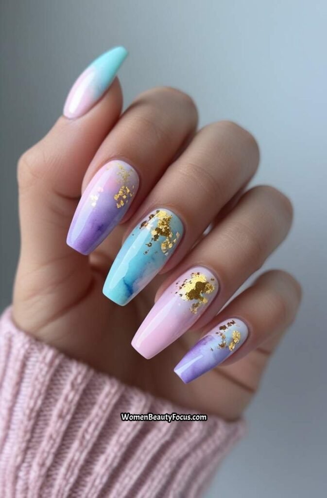 23. Watercolor Pastel Nails with Gold Foil