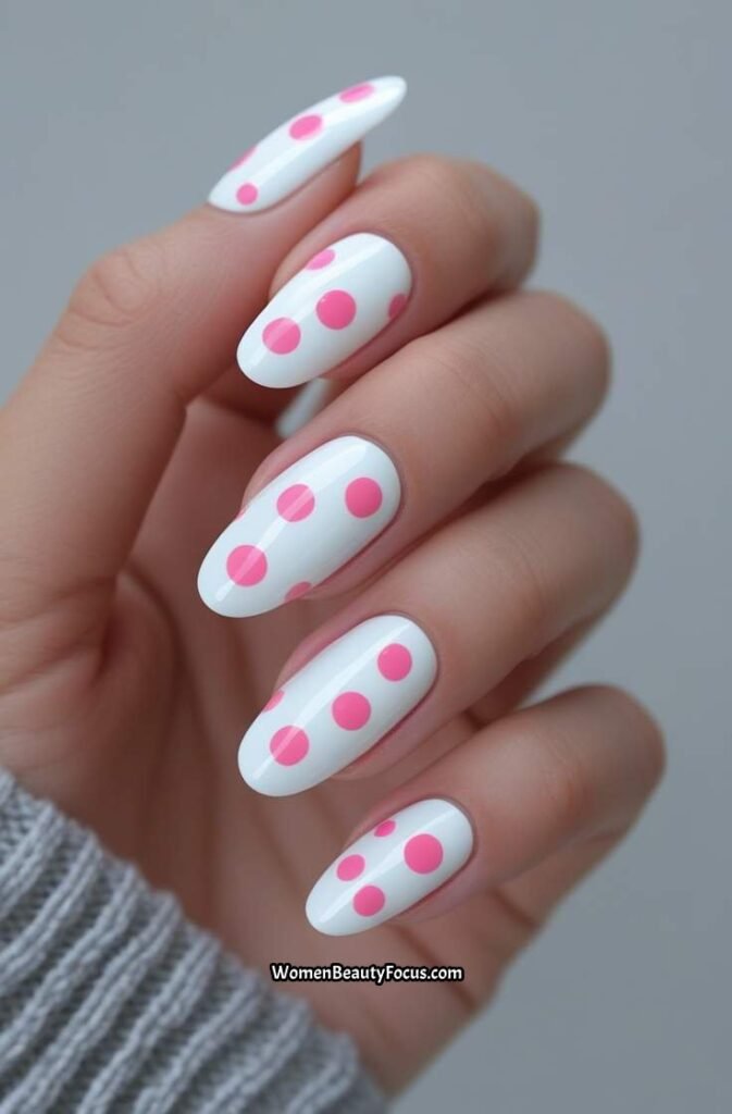 23. White Nails with Pink Polka Dots