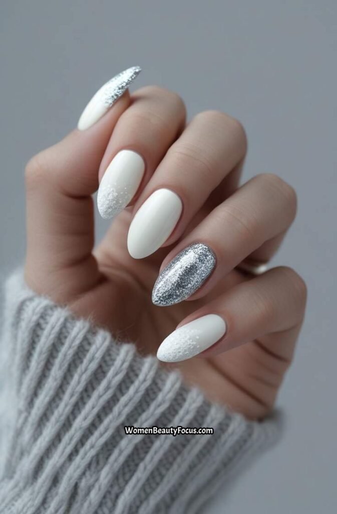 23. Winter White Nails with Snow Dusted Glitter Tips