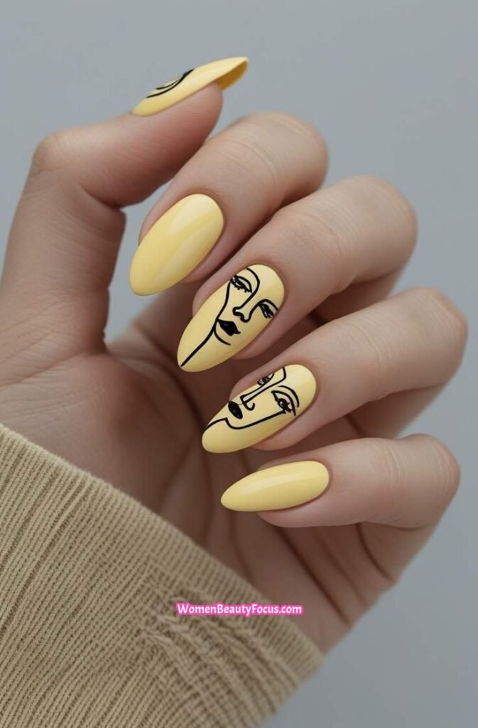 23. Yellow Nails with Minimal Black Line Art