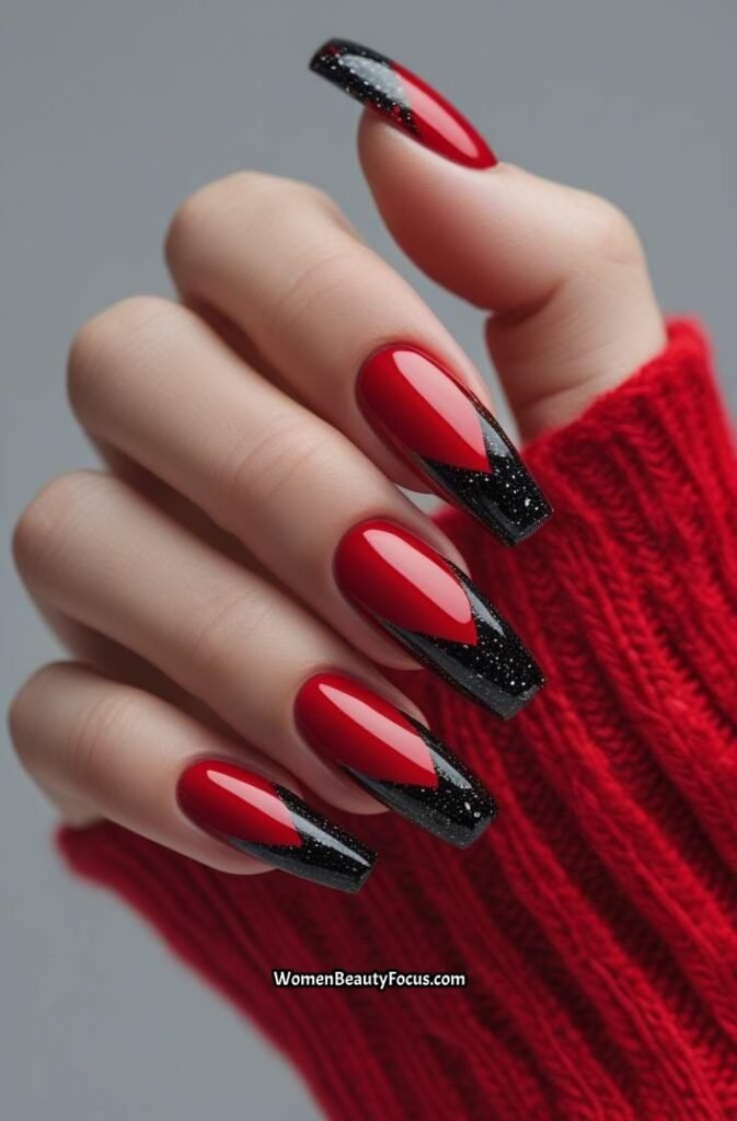 24. Bold Red Nails with Black Glitter Tips