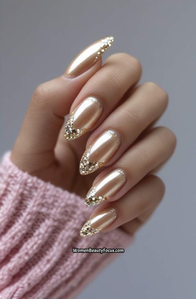 24. Champagne Almond Nails with Sparkling Glitter