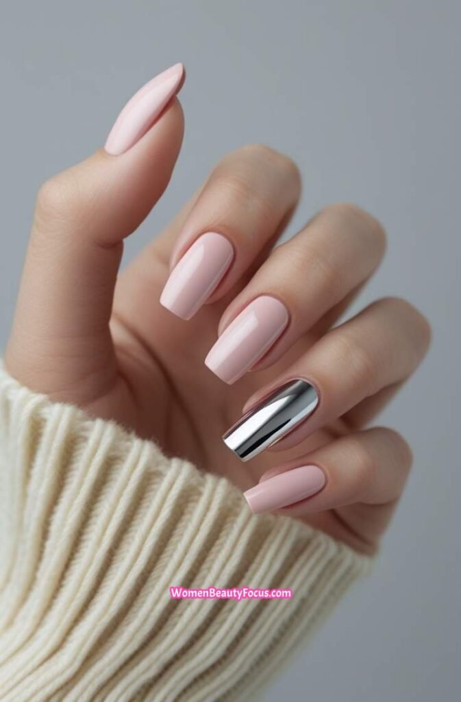 24. Neutral Pink Nails with Chrome Accent