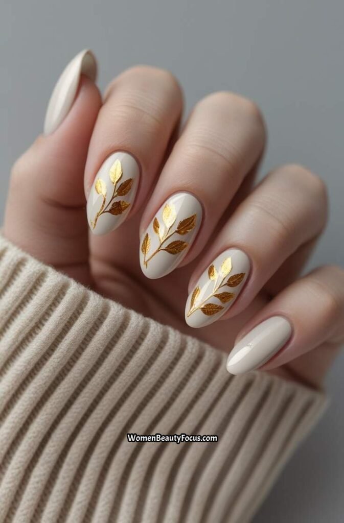 24. Pale Neutral Nails with Leafy Gold Details