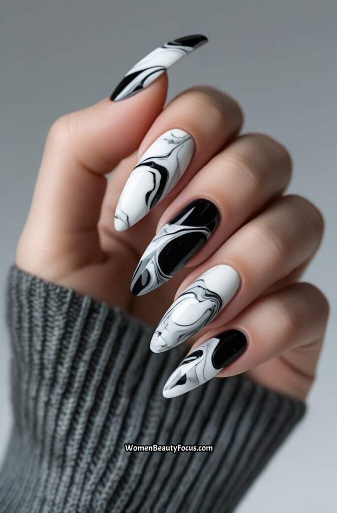 3. Black and White Marble Nails