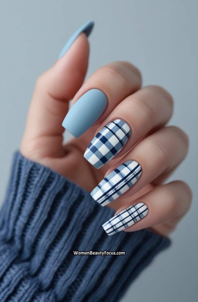 3. Blue and White Winter Plaid Nails