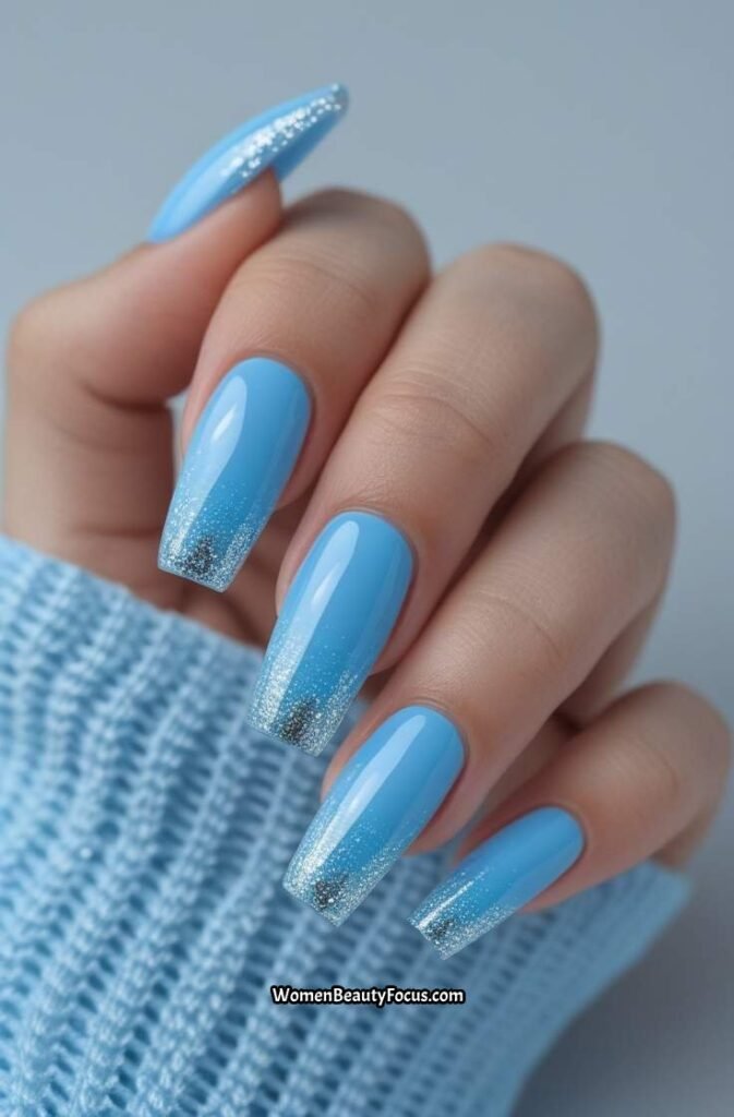 3. Bright Blue Coffin Nails with Silver Glitter Tips