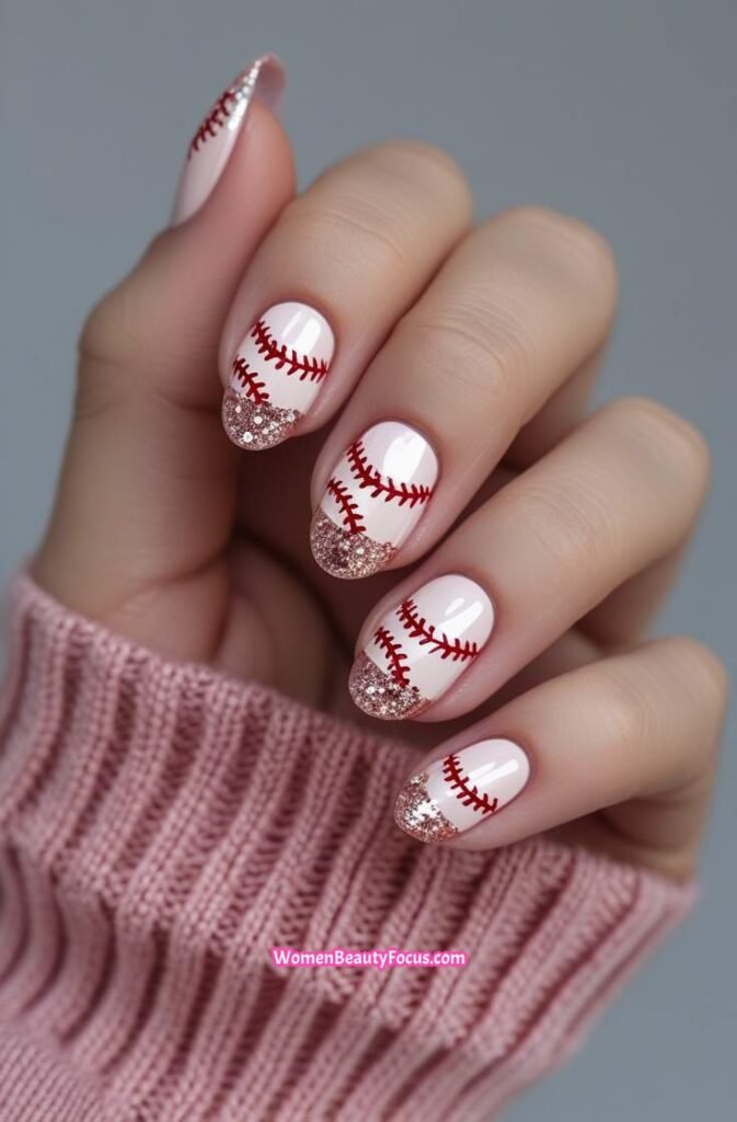 3. Glittery Baseball Heart Nails