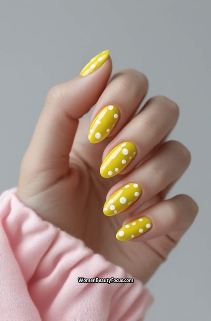 3. Lemon Yellow Nails with White Dots