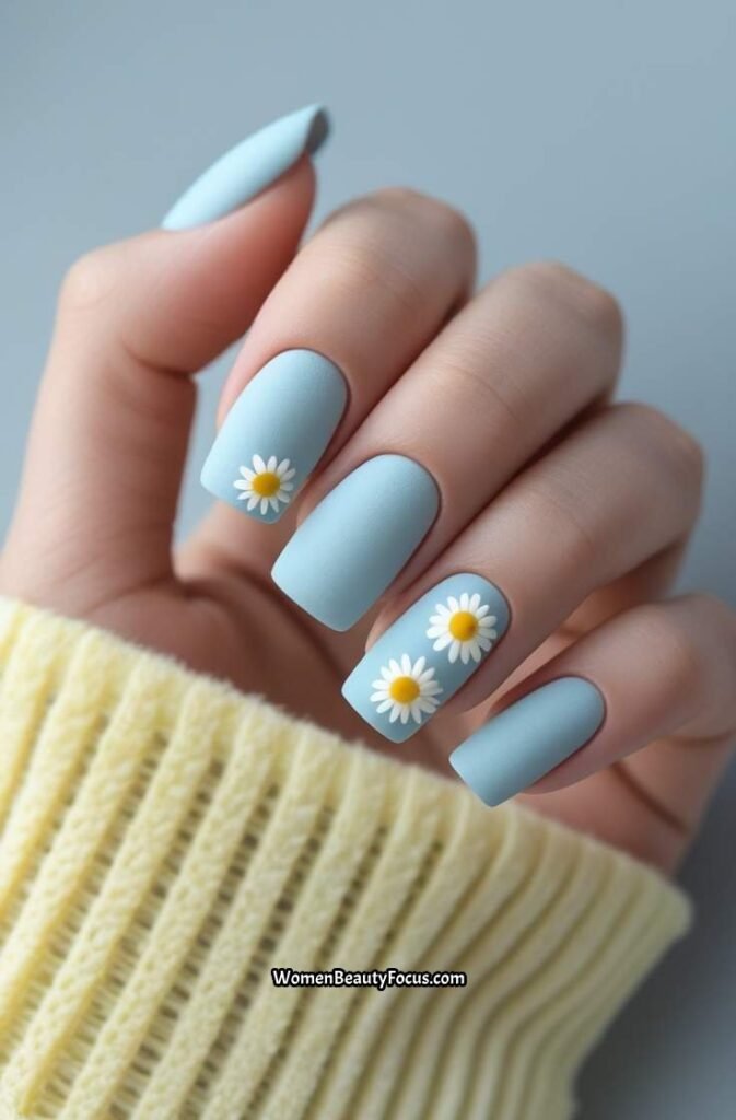 3. Matte Baby Blue Nails with Floral Accents