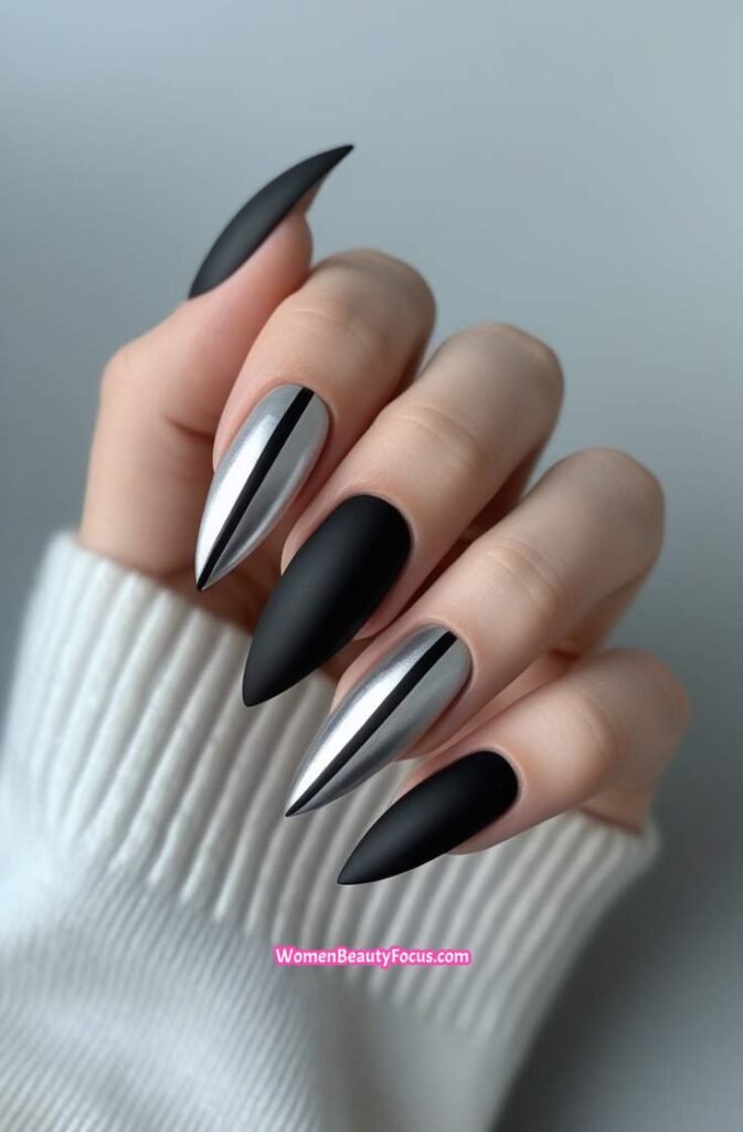 3. Matte Black and Silver Stiletto Nails 3 IMGCentury