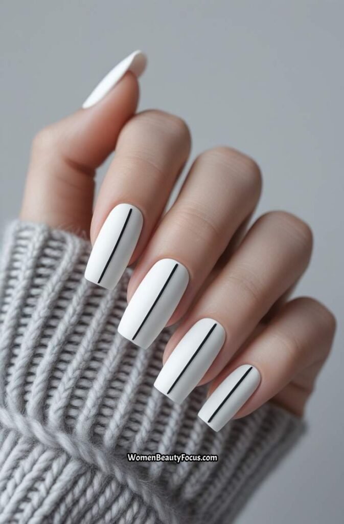 3. Matte White Square Nails with Minimal Black Line