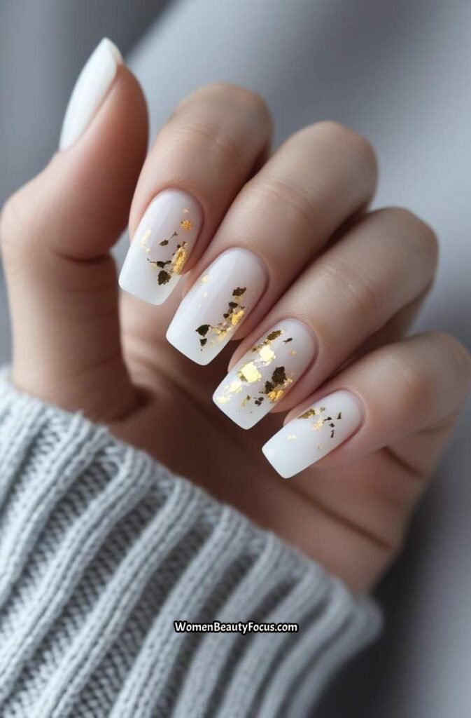 3. Milky White Square Nails with Gold Flake