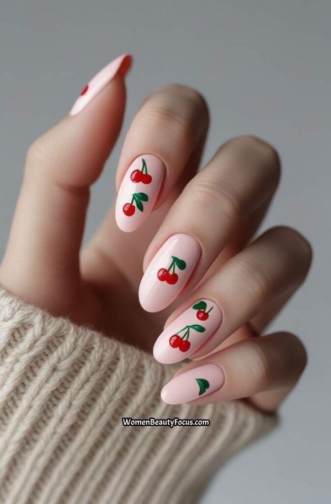 3. Minimal Cherry Nail Art on Neutral Pink
