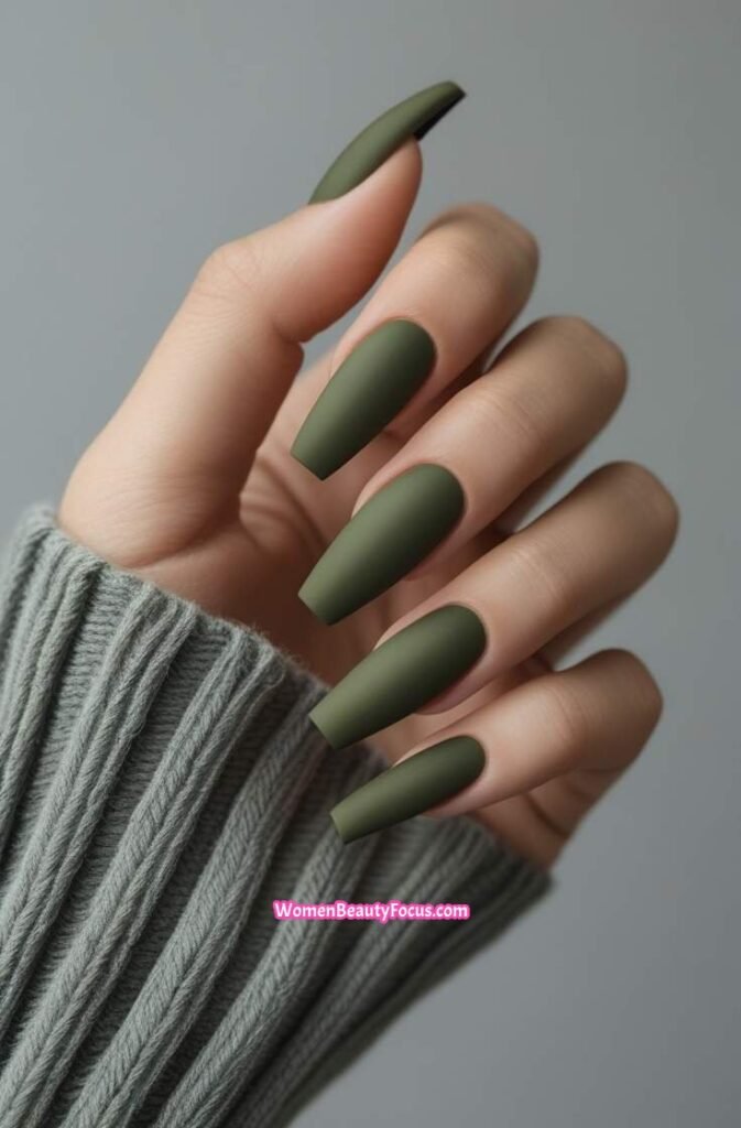 3. Olive Green Matte Coffin Nails