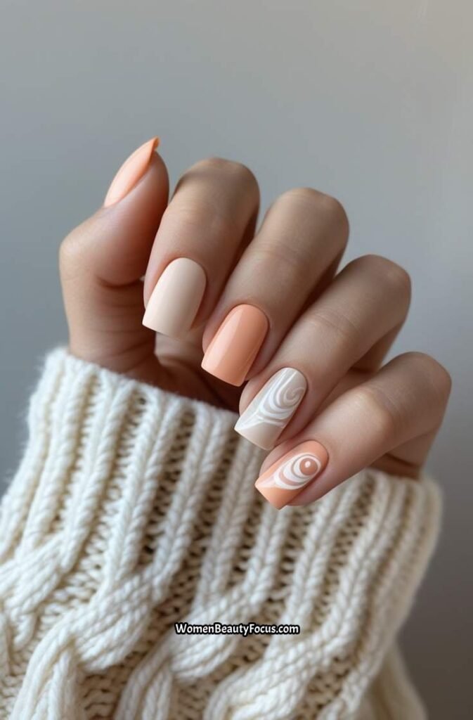 3. Peach and Neutral Swirl Nails for a Playful Look