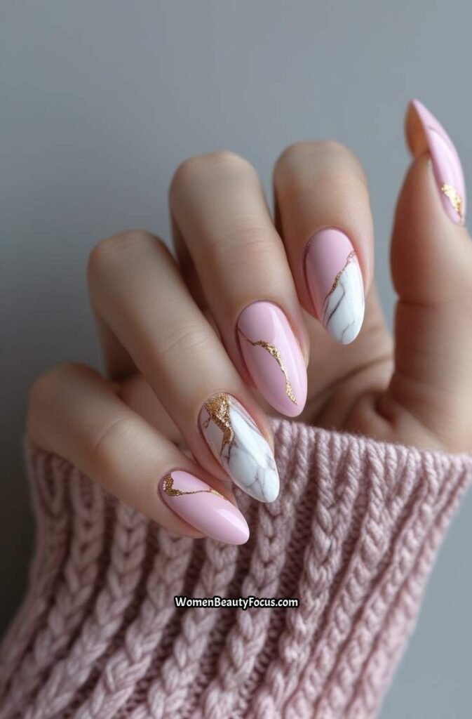 3. Pink Marble Nails with Gold Veins