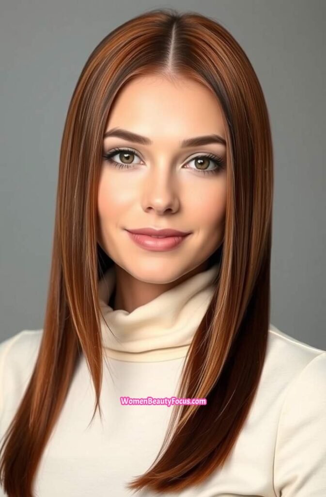 3. Sleek Copper Hair with a Middle Part Front View