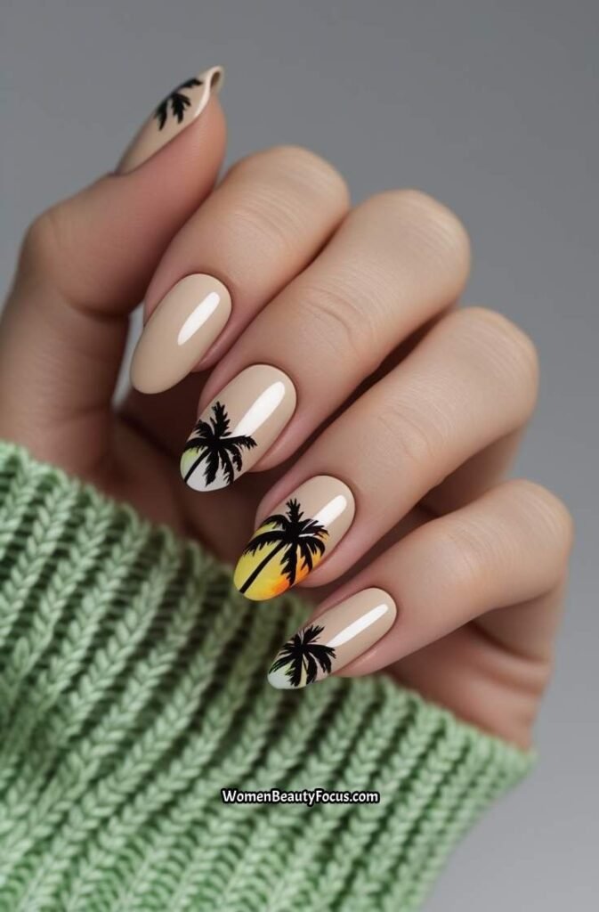 3. Tropical Palm Tree Accent Nails