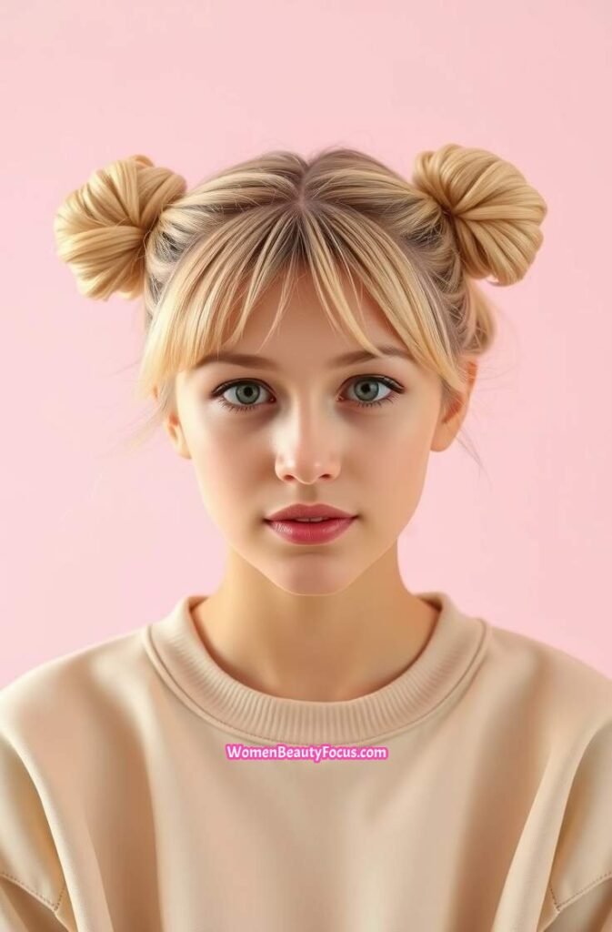 3. Twin Space Buns with Middle Part Front View