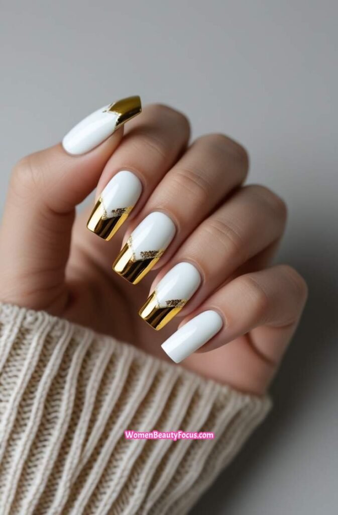 3. White and Gold Square Nails