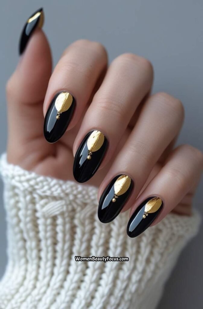 4. Black French Tips with Gold Foil Details