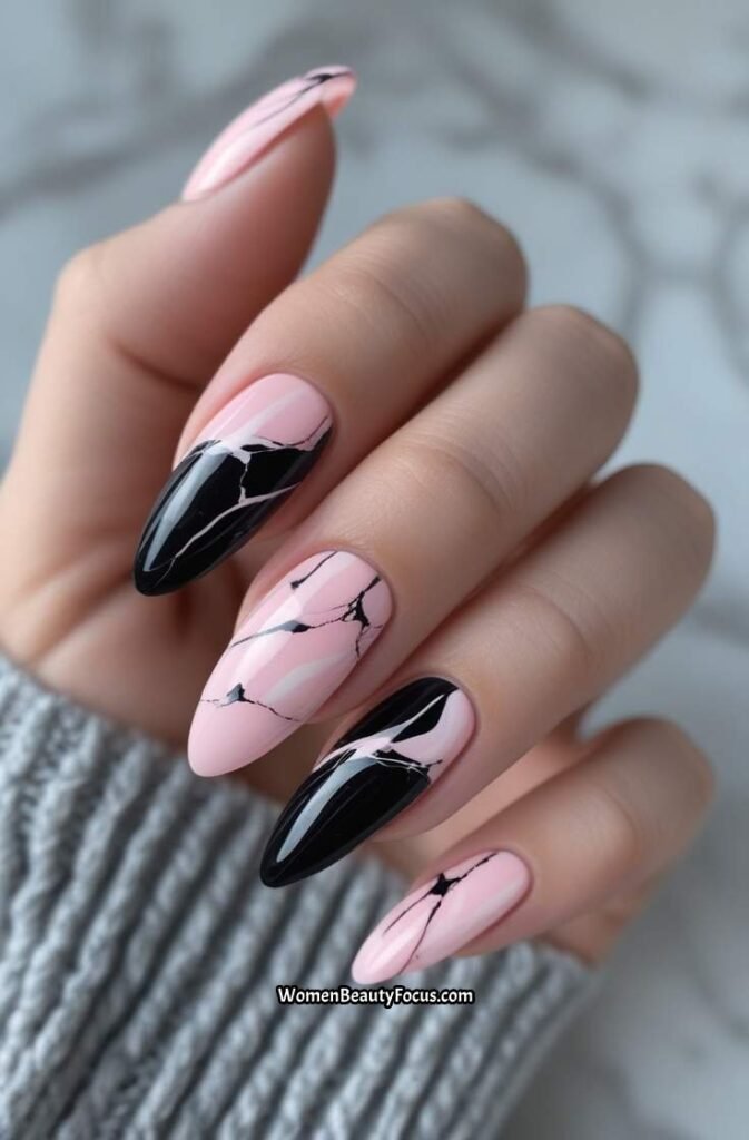 4. Black and Pink Marble Effect Nails