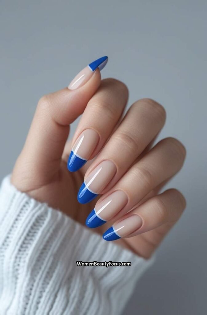 4. Blue French Tips on Sheer Base
