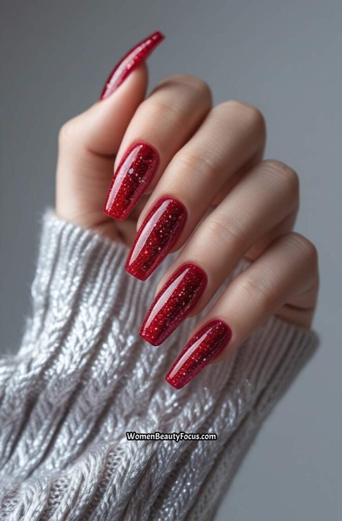 4. Glittery Cherry Red Coffin Nails