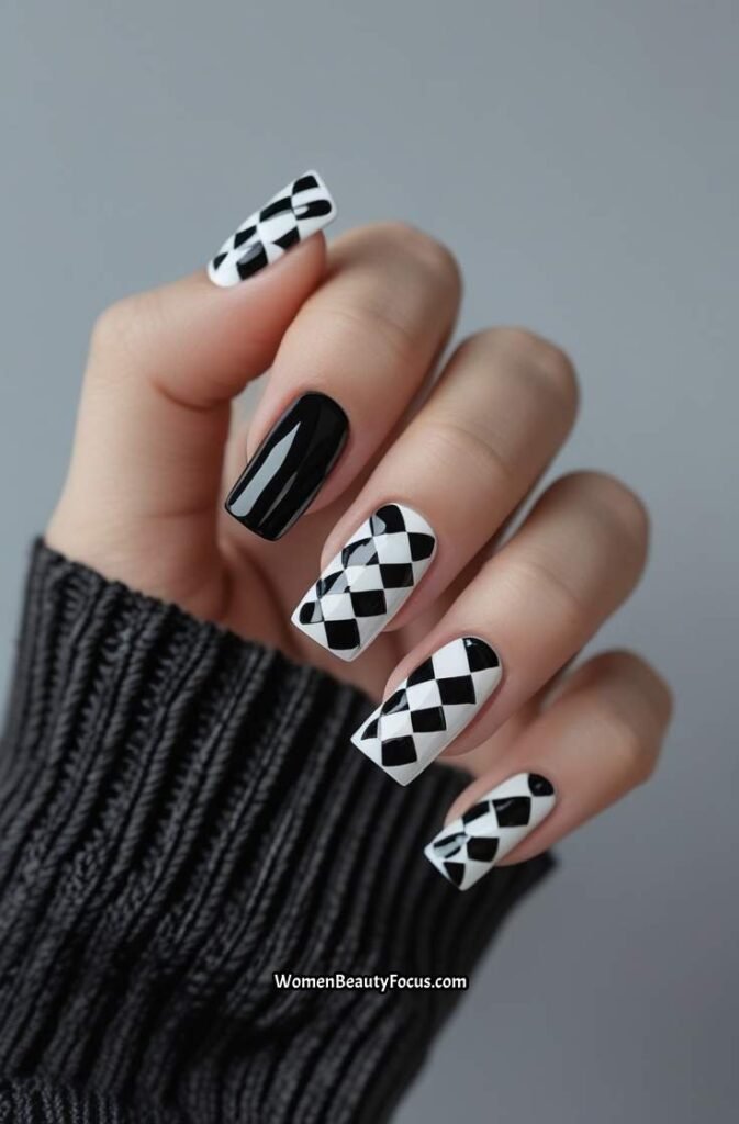 4. Graphic Black and White Checkerboard Nails