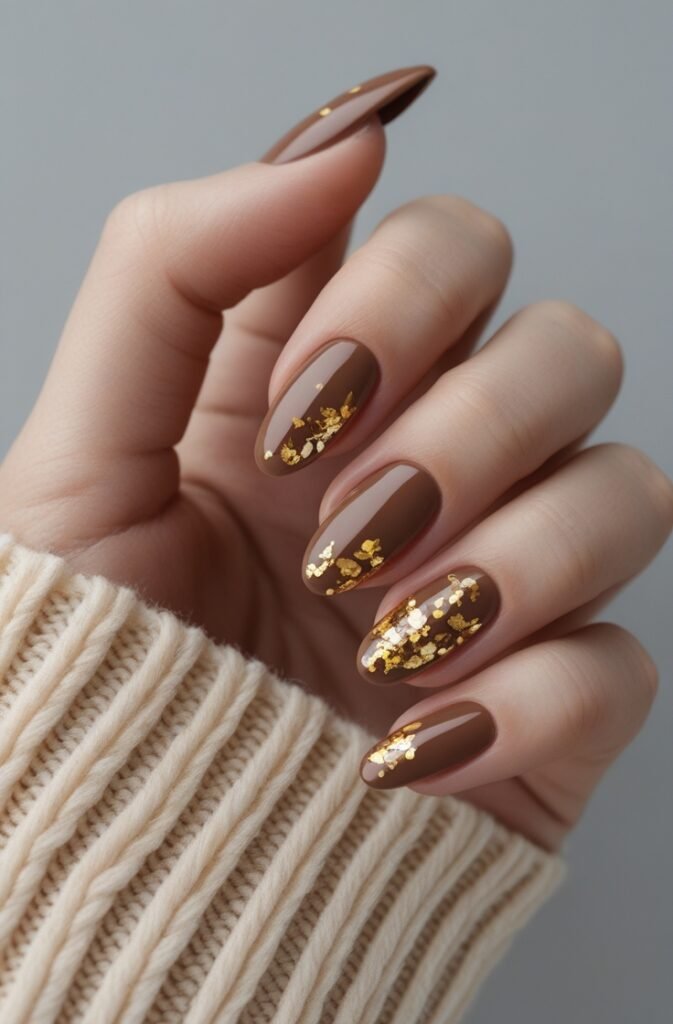4. Light Mocha Nails with Gold Flake Accents