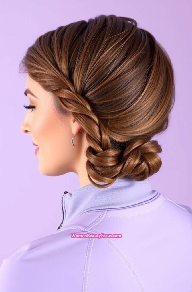 4. Low Twisted Bun with Side Braid Detail Side View