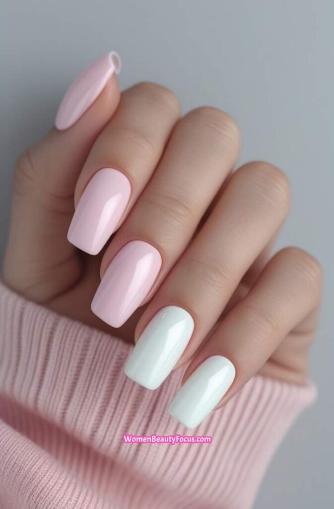 4. Pastel Pink and White Square Nails