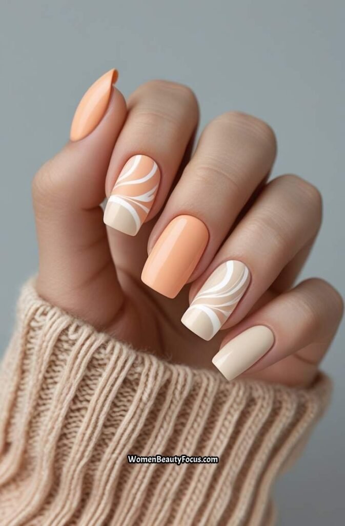 4. Peach and Neutral Swirl Short Nails